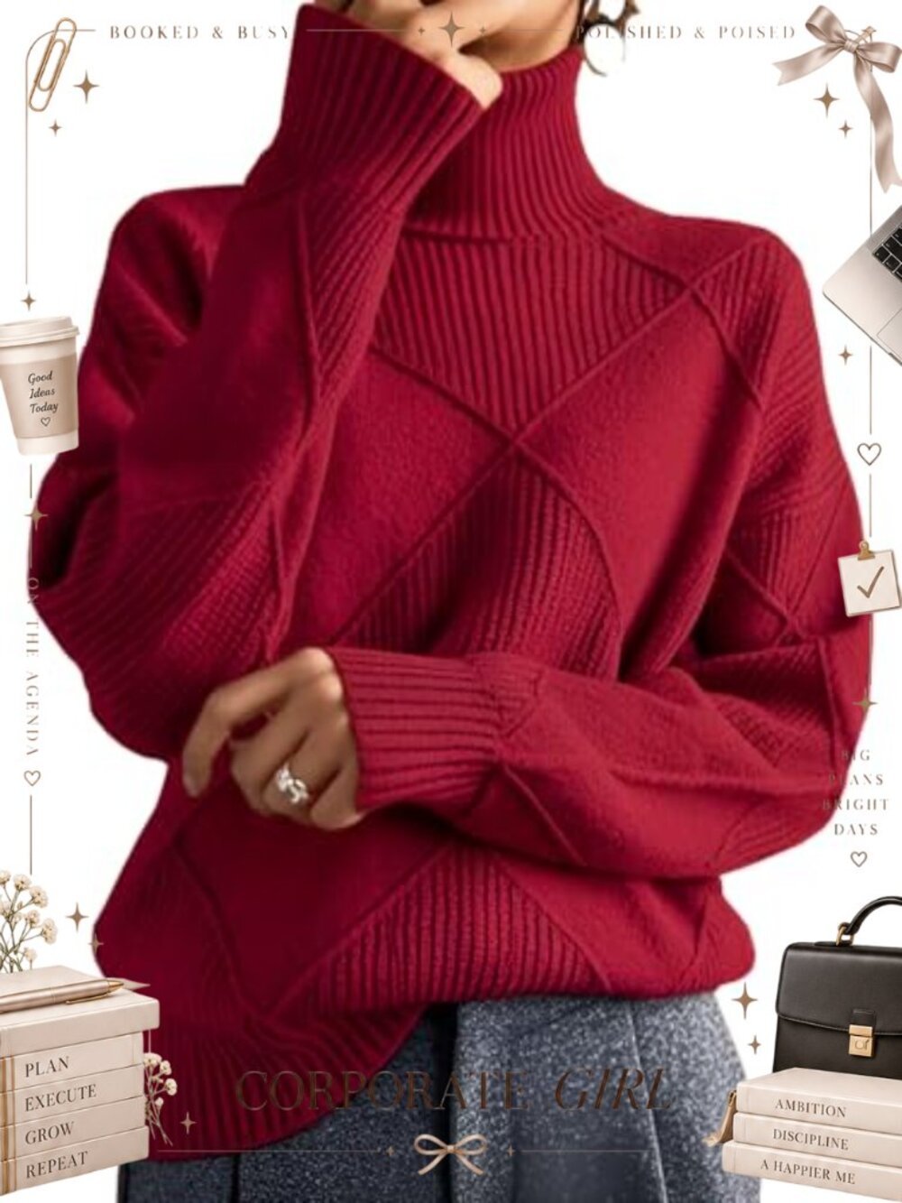 Turtleneck Oversized Cable Knit Sweater Soft Acrylic Pullover